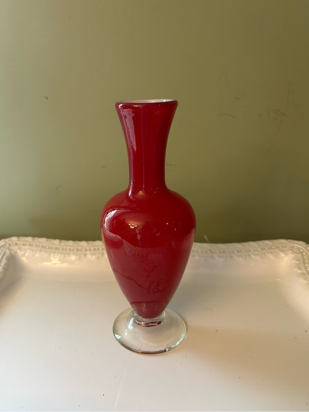 Vintage Red Glass Bud Vase with Clear Pedestal Base